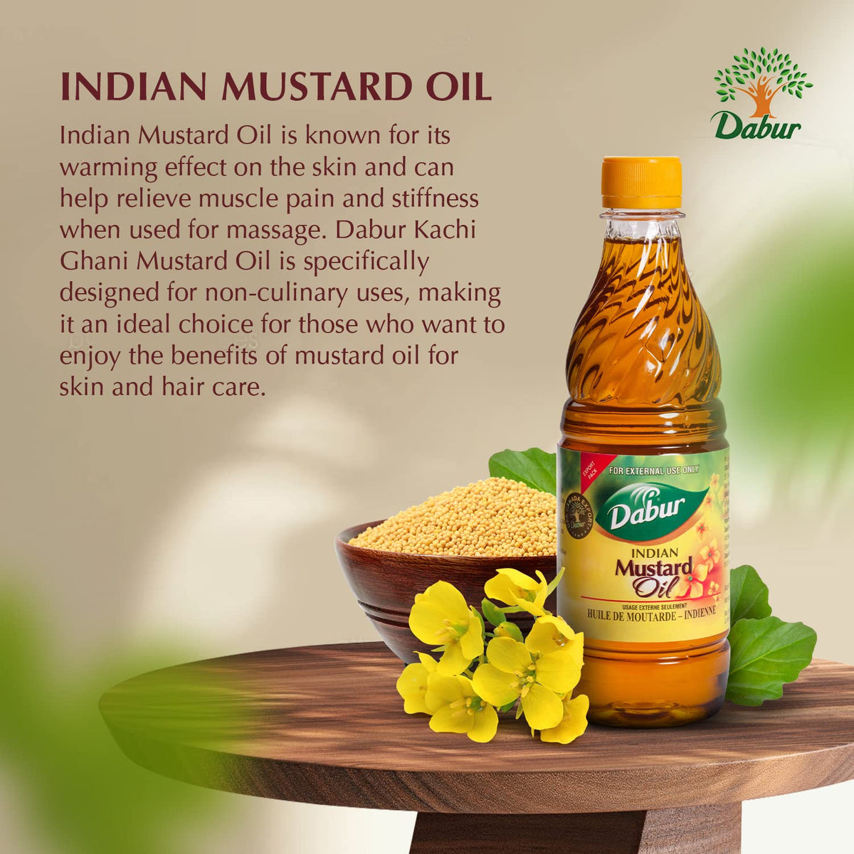 Dabur Kachi Ghani Mustard Oil - Oil for Skin and Hair Care, Cold-pressed Oil Body Massage, Therapeutic-Grade Mustard Oil, Natural Oil from Mustard Seeds, Unrefined Mustard Oil (500 ml)