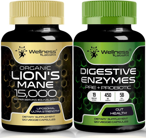 WELLNESS LABSRX Lions Mane Capsules - Digestive Enzymes Capsules - Bundle