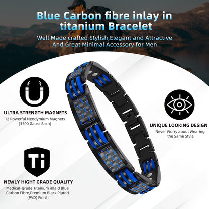 JEROOT Magnetic Bracelets for Men, Blue Carbon Fiber Pure Titanium Magnetic Bracelet