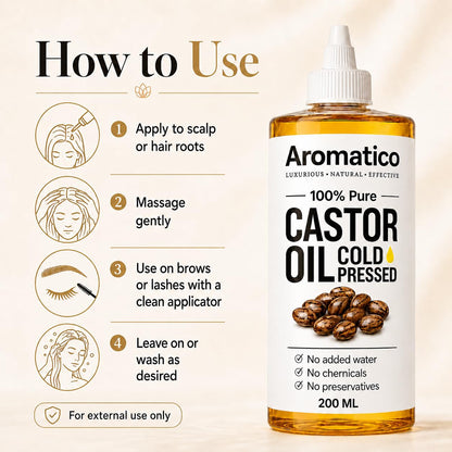 Aromatico Pure Cold Pressed Castor Oil for Hair, Eyelashes & Eyebrows - Natural Carrier Oil for Skin, Hair & Scalp Care - Thick Conditioning Oil for DIY Beauty - 7 fl oz