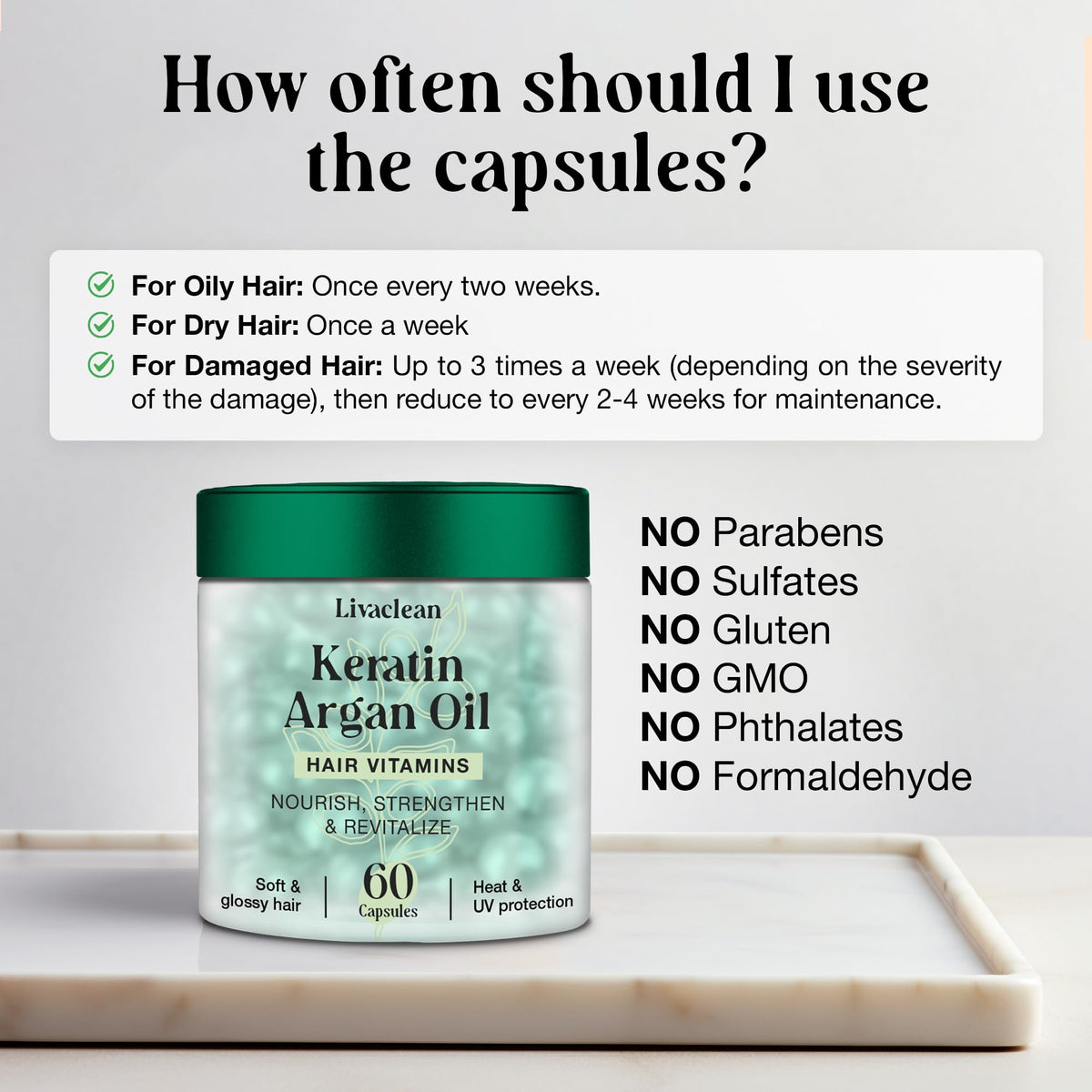 LivaClean 60 CT Hair Serum Capsules for Frizzy, Damaged Hair - Vitaminas para el Cabello - Keratin & Argan Oil with Biotin, Vitamins E, B5, B7, Jojoba Oil - Shine Boost & Split End Repair