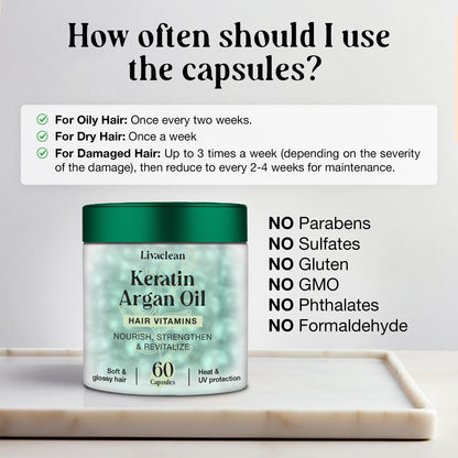 LivaClean 60 CT Hair Serum Capsules for Frizzy, Damaged Hair - Vitaminas para el Cabello - Keratin & Argan Oil with Biotin, Vitamins E, B5, B7, Jojoba Oil - Shine Boost & Split End Repair