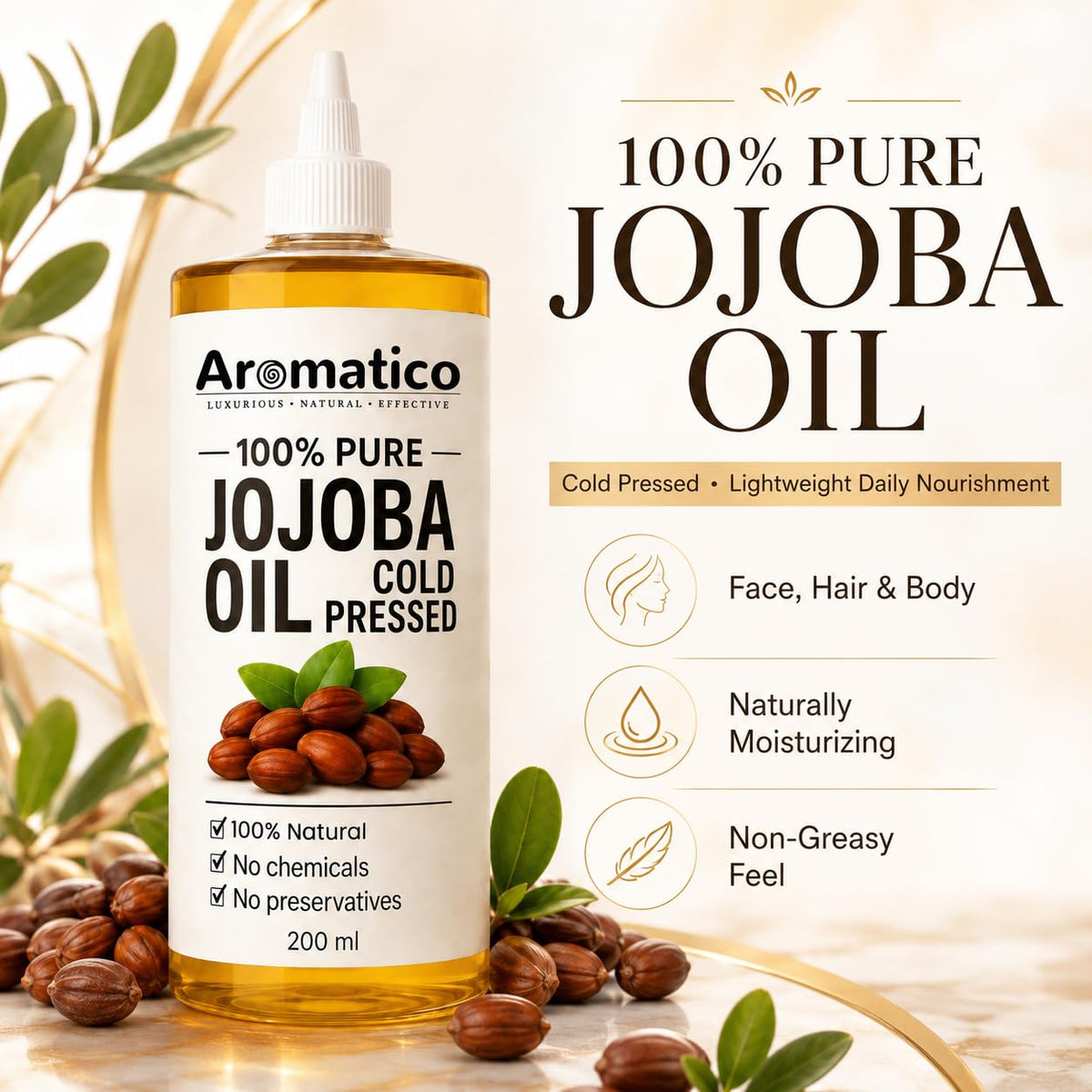 Aromatico Cold Pressed Jojoba Oil - 7 Fl Oz - Natural Hair, Face & Body Oil - Lightweight Moisturizing Carrier Oil for Dry Scalp, Skin Care, Beard, Cuticles & Massage