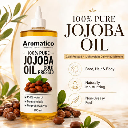 Aromatico Cold Pressed Jojoba Oil - 7 Fl Oz - Natural Hair, Face & Body Oil - Lightweight Moisturizing Carrier Oil for Dry Scalp, Skin Care, Beard, Cuticles & Massage