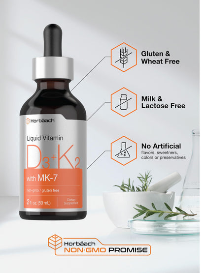 Horbäach Vitamin D3 + K2 Liquid Drops - with MK7 - 2 Fl Oz - Vegetarian - Non-GMO