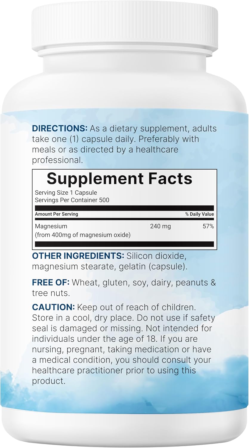 Magnesium Oxide 400mg, 500 Capsules - Elemental Form for Max Concentration - Supports Calm, Muscle & Nerve Health - Non-GMO