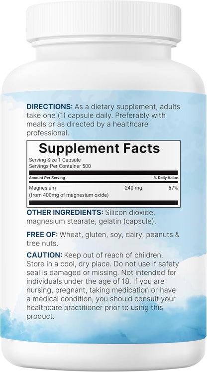 Magnesium Oxide 400mg, 500 Capsules - Elemental Form for Max Concentration - Supports Calm, Muscle & Nerve Health - Non-GMO