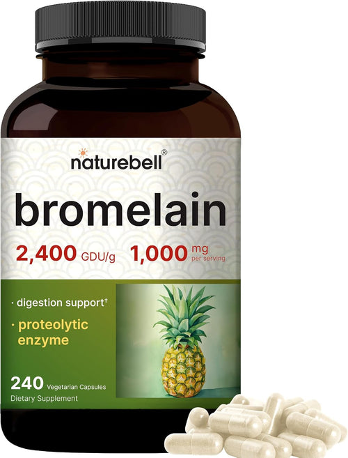NatureBell Bromelain, 1,000mg Per Serving, 240 Veggie Capsules - 2,400 GDU – Digestive Enzymes & Joint Support Supplement – Proteolytic Enzymes for Digestion, Fresh Pineapple Source – Non-GMO