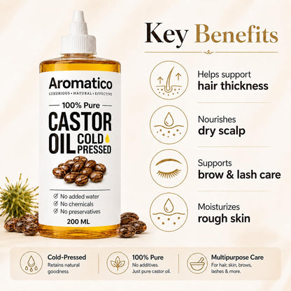 Aromatico Pure Cold Pressed Castor Oil for Hair, Eyelashes & Eyebrows - Natural Carrier Oil for Skin, Hair & Scalp Care - Thick Conditioning Oil for DIY Beauty - 7 fl oz
