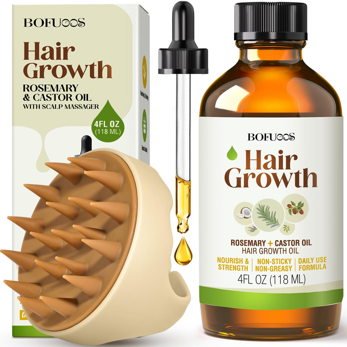 Bofuoos Rosemary & Castor Hair Growth Oil + Scalp Massager Set
