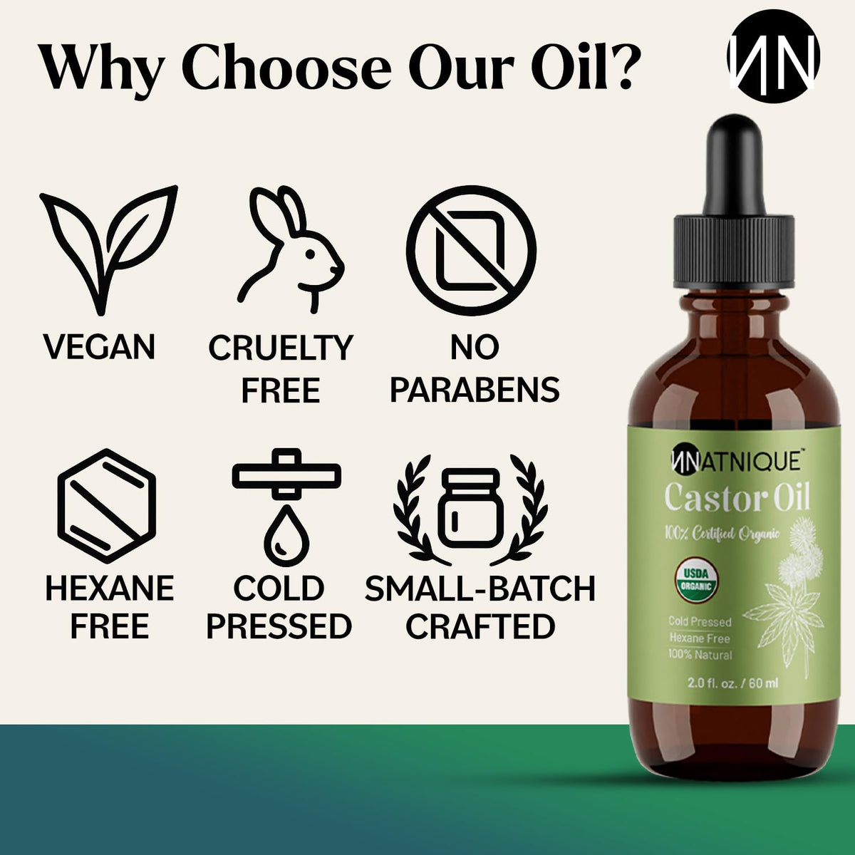 Natnique Castor Oil - USDA Certified Organic, 100% Pure Cold Pressed Unrefined Oil for Hair Growth, Eyelashes, Eyebrows & Scalp - Natural Skin Moisturizer, Lash Serum & Hair Treatment (2 Oz)