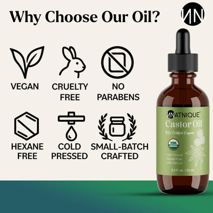 Natnique Castor Oil - USDA Certified Organic, 100% Pure Cold Pressed Unrefined Oil for Hair Growth, Eyelashes, Eyebrows & Scalp - Natural Skin Moisturizer, Lash Serum & Hair Treatment (2 Oz)