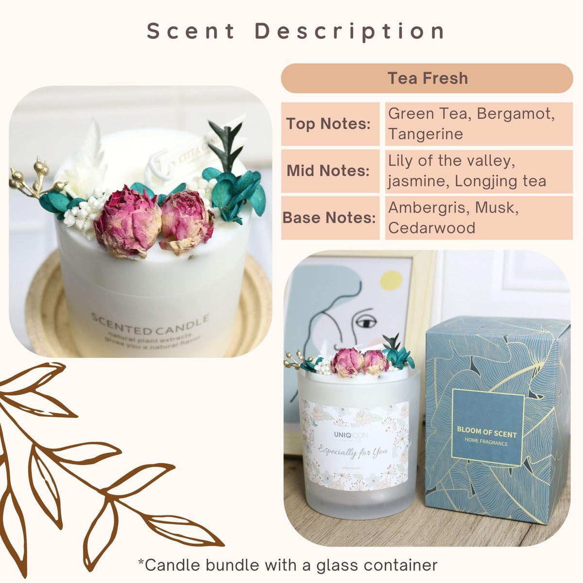 Natural Soy Scented Pillar Candles with Glass, Classic 10 oz Luxury Non Toxic White Bathroom Candle