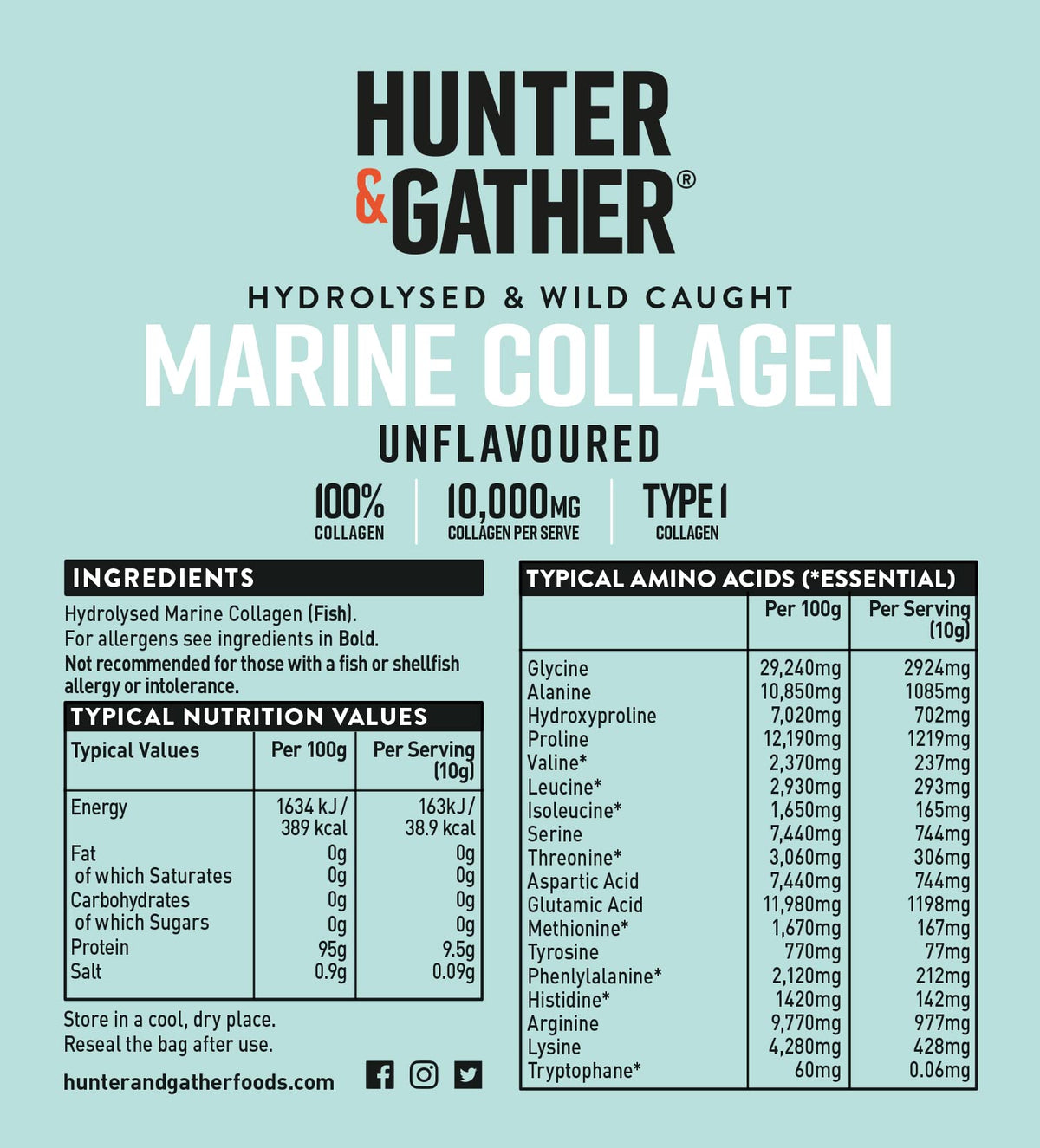 Hunter & Gather Marine Collagen Powder 300g - Pure Unflavoured Premium Hydrolysed Wild Caught Marine Collagen