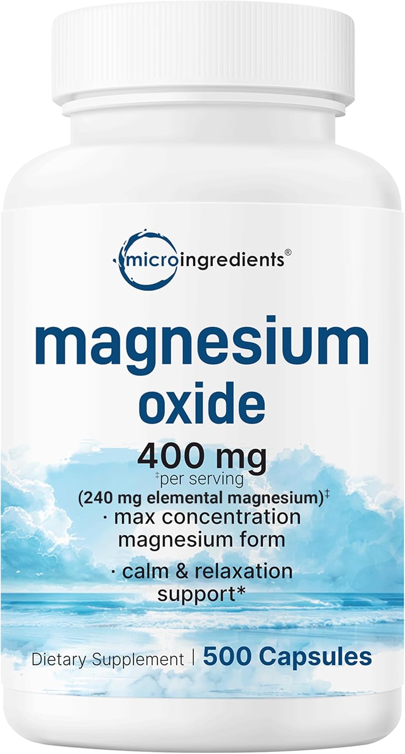 Magnesium Oxide 400mg, 500 Capsules - Elemental Form for Max Concentration - Supports Calm, Muscle & Nerve Health - Non-GMO