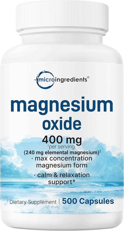 Magnesium Oxide 400mg, 500 Capsules - Elemental Form for Max Concentration - Supports Calm, Muscle & Nerve Health - Non-GMO