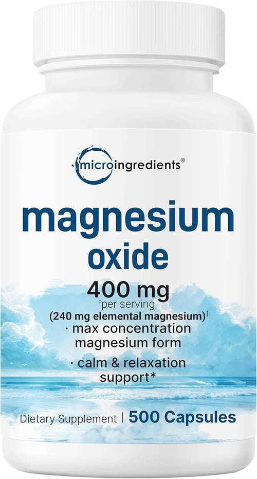 Magnesium Oxide 400mg, 500 Capsules - Elemental Form for Max Concentration - Supports Calm, Muscle & Nerve Health - Non-GMO