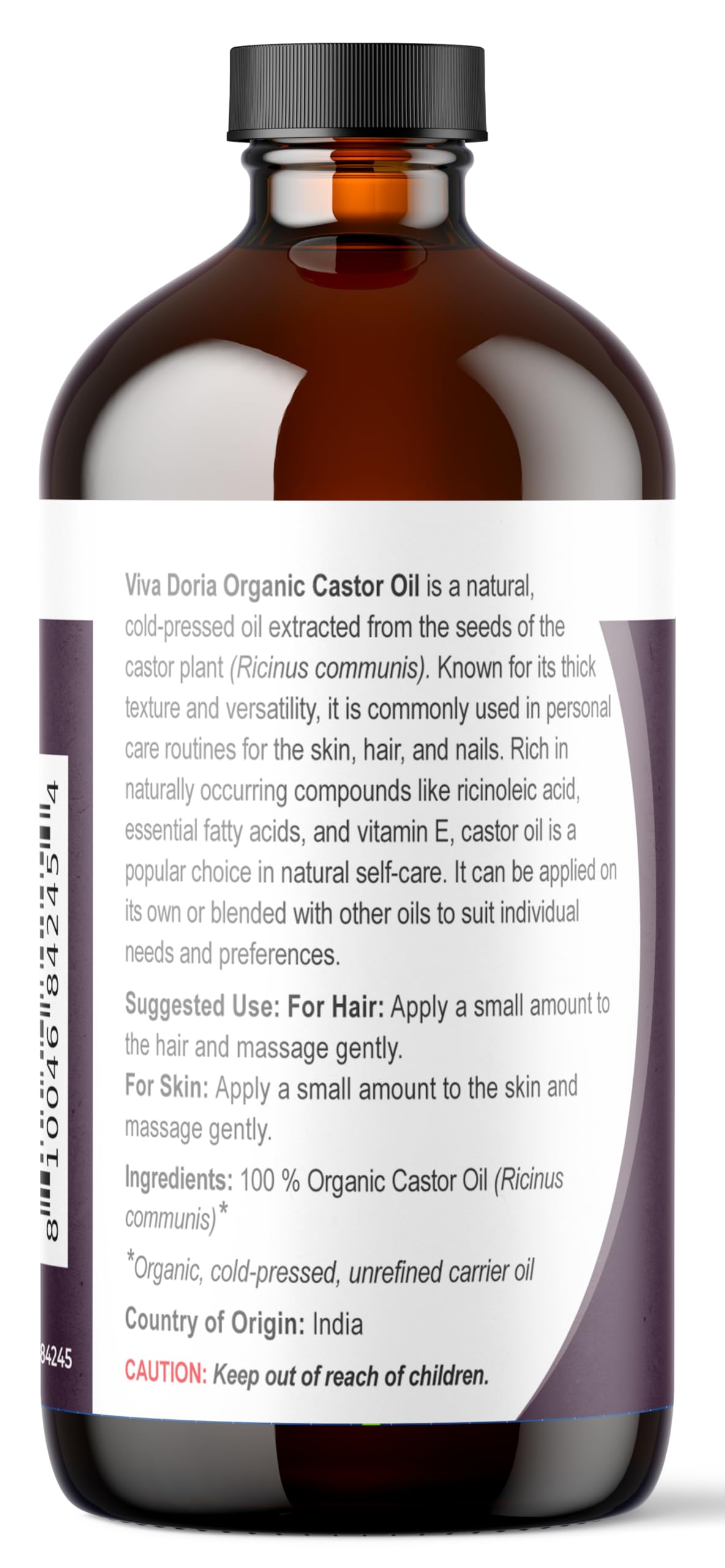 Viva Doria Organic Castor Oil, 16 Fl Oz - Virgin, Cold Pressed, Hexane-Free, Vegan - Nourishing Hair & Skin Care - Eyelash & Brow Serum - Glass Bottle with Dropper Top