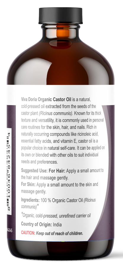 Viva Doria Organic Castor Oil, 16 Fl Oz - Virgin, Cold Pressed, Hexane-Free, Vegan - Nourishing Hair & Skin Care - Eyelash & Brow Serum - Glass Bottle with Dropper Top