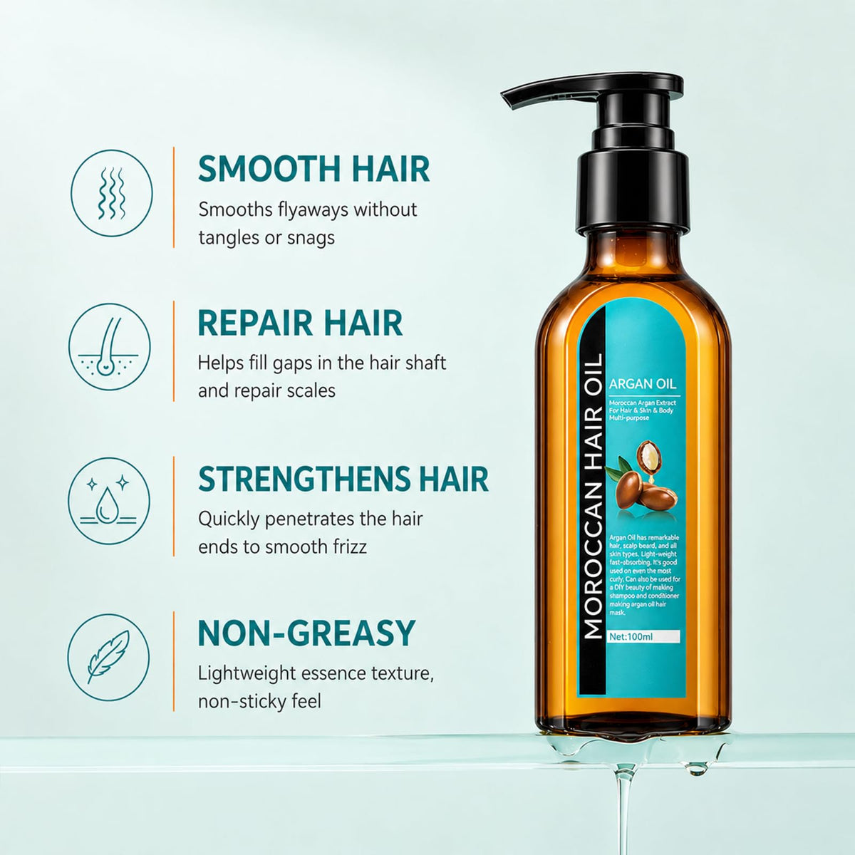 Moroccan Argan Oil, Hair Oil for Frizzy Hair, Morroccan Hair Care Oil Natural Serum Help Split Ends Dry Scalp Hair Care Products Strengthen Dry Damaged Curly Long Curly Hair Treatment Heat Protectant