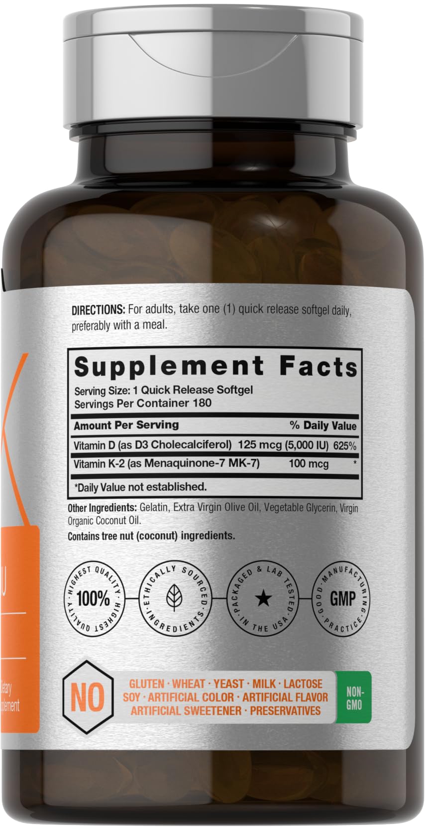 Horbäach Vitamin D3 K2 - 5000iu of Vitamin D & 100mcg MK-7 Complex - 180 Softgel Cap