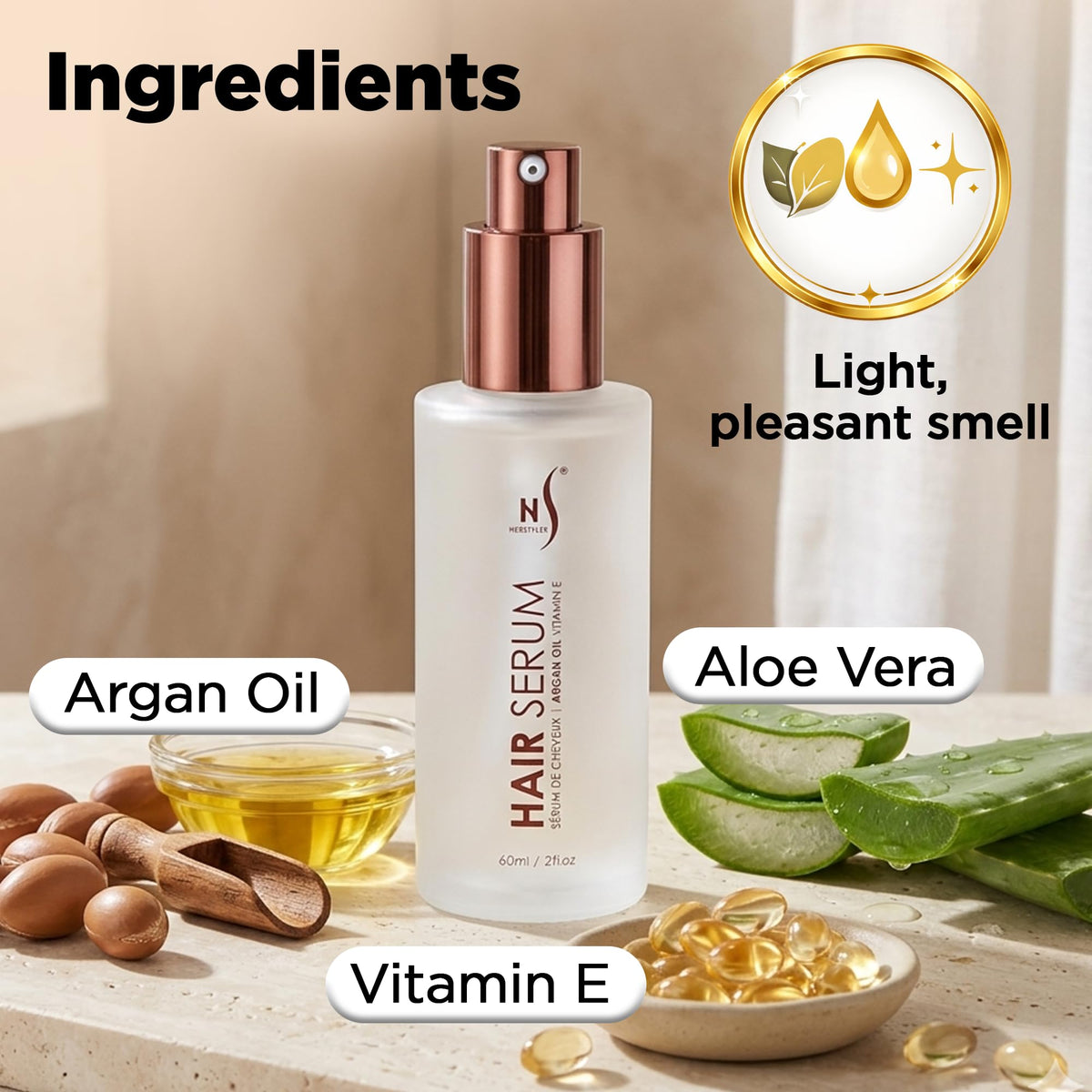 HerStyler Hair Repair Serum - Argan Oil Hair Serum for Frizzy and Damaged Hair - For Frizz, Styling and Shine - Lightweight - Hydrating - Fast Absorbing - For Thicker, Fuller Hair - 2 Fl Oz - 1 Pack