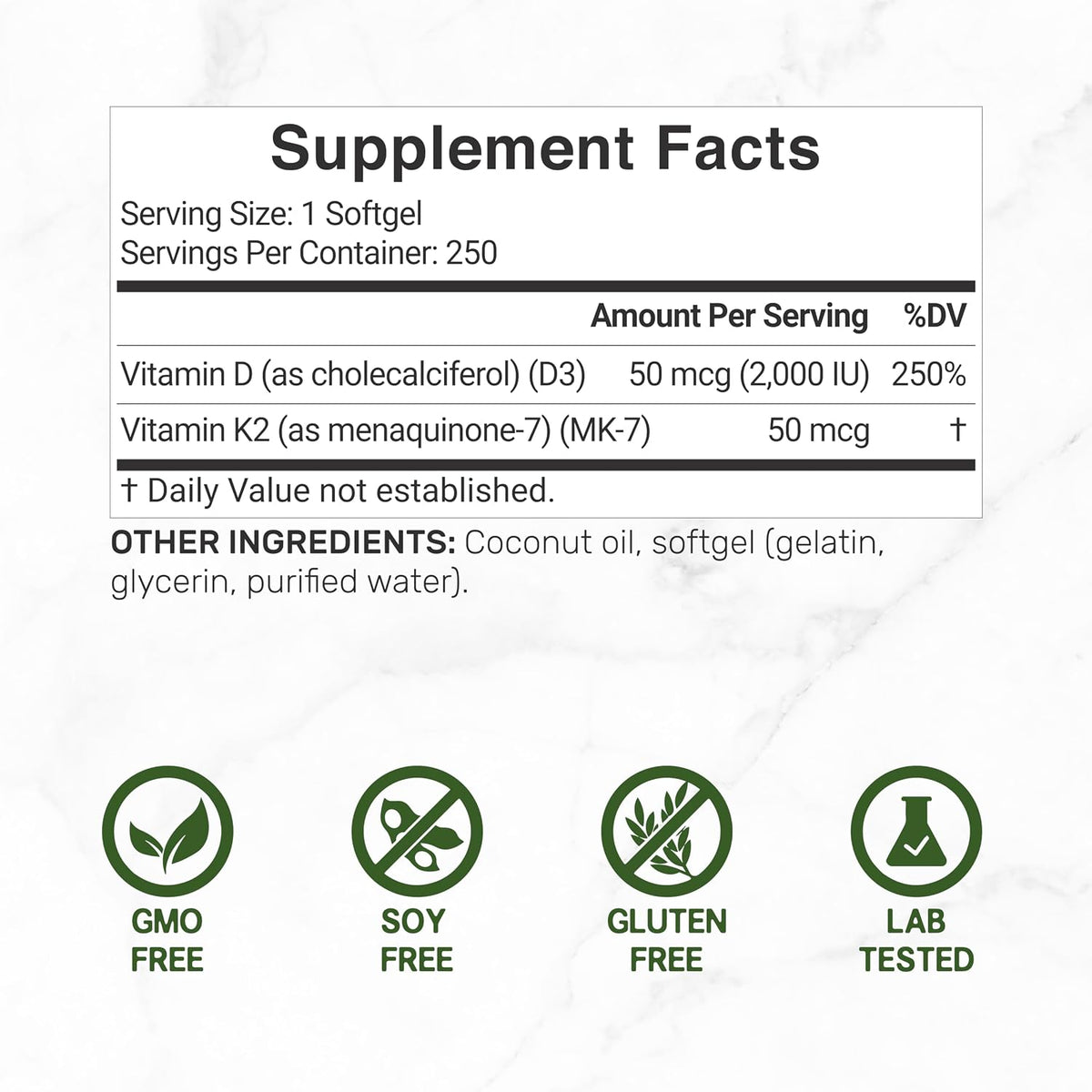 DEAL SUPPLEMENT Vitamin D3 2,000 IU + K2 MK7 50mcg Softgels - 2-in-1 Complex with Virgin Coconut Oil - Supports Heart, Bone, Teeth & Immune Health - Easy to Swallow