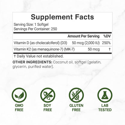 DEAL SUPPLEMENT Vitamin D3 2,000 IU + K2 MK7 50mcg Softgels - 2-in-1 Complex with Virgin Coconut Oil - Supports Heart, Bone, Teeth & Immune Health - Easy to Swallow