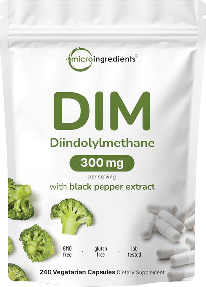 DIM Active Supplement, DIM 300mg, 240 Veggie Capsules (8-Month Supply), 2 in 1 Formula, Estrogen Metabolism, Premium DIM-Plus Broccoli Extract Supplement With Black Pepper for Better Absorption