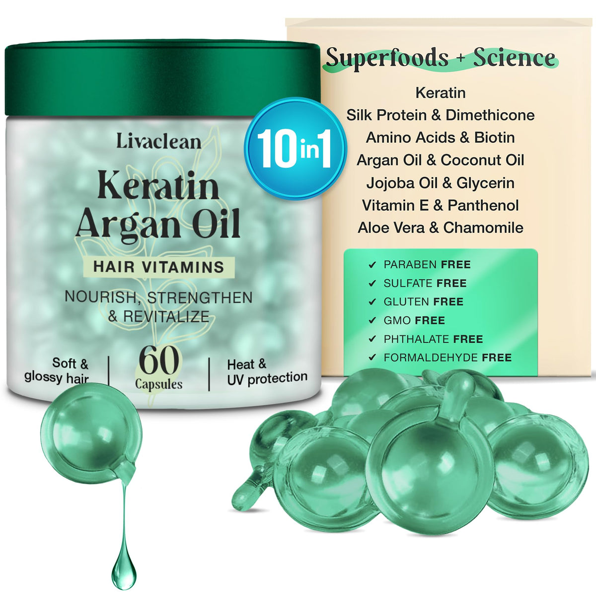LivaClean 60 CT Hair Serum Capsules for Frizzy, Damaged Hair - Vitaminas para el Cabello - Keratin & Argan Oil with Biotin, Vitamins E, B5, B7, Jojoba Oil - Shine Boost & Split End Repair