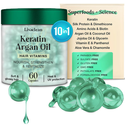 LivaClean 60 CT Hair Serum Capsules for Frizzy, Damaged Hair - Vitaminas para el Cabello - Keratin & Argan Oil with Biotin, Vitamins E, B5, B7, Jojoba Oil - Shine Boost & Split End Repair