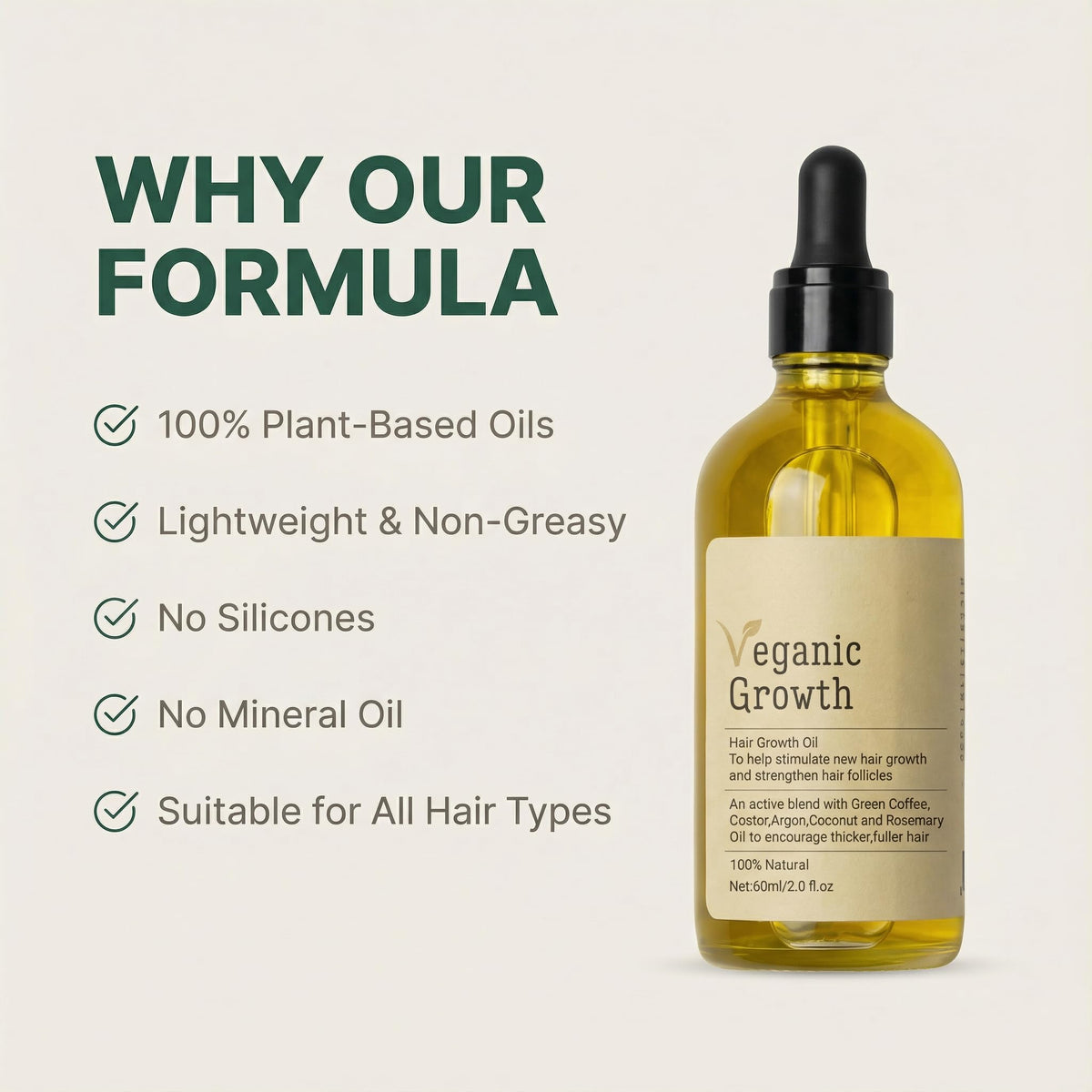 Veganic Natural Hair Growth Oil - Plant Based Vegan Formula, 11 Cold-Pressed Oils including Rosemary & Castor, Scalp Treatment for Reduced Shedding, hair oil for dry hair, Damaged & Split End (2 Oz)