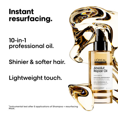 L'Oreal Professionnel Paris Absolut Repair 10-in-1 Oil - Nourishing Multi-Benefit Hair Oil For Dry & Damaged Hair, Smooths, Repairs Damage & Provides Hair Shine, Color Safe