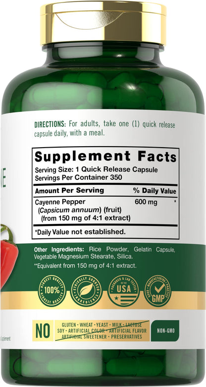 Carlyle Cayenne Pepper Capsules 600mg - 350 Pills - Non-GMO, Gluten Free Supplement