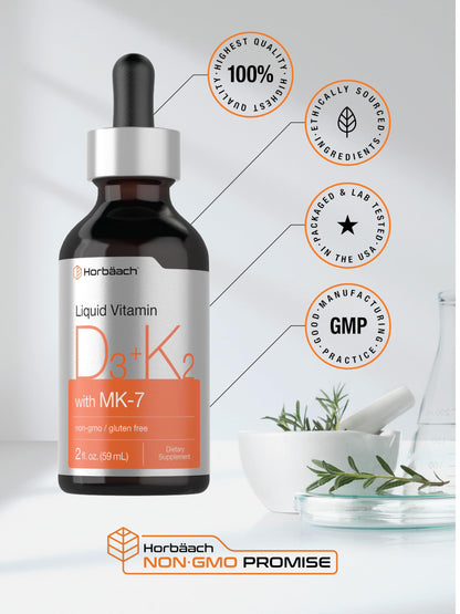 Horbäach Vitamin D3 + K2 Liquid Drops - with MK7 - 2 Fl Oz - Vegetarian - Non-GMO