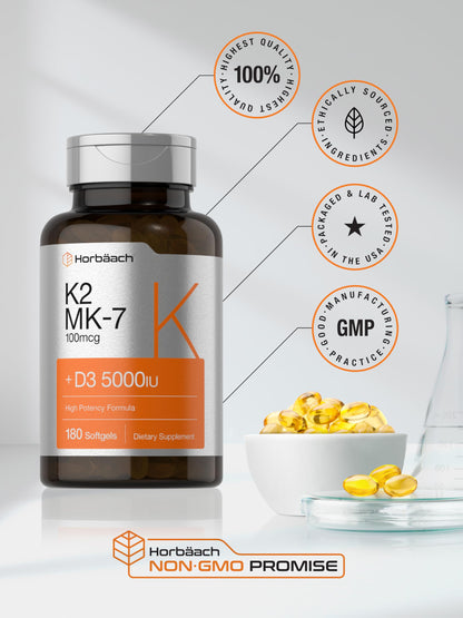 Horbäach Vitamin D3 K2 - 5000iu of Vitamin D & 100mcg MK-7 Complex - 180 Softgel Cap