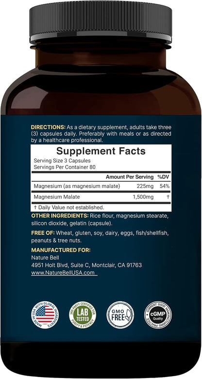 NatureBell Magnesium Malate 1,500mg, 240 Capsules - Chelated for High Absorption - Energy & Nervous System Support - Non-GMO, Gluten-Free