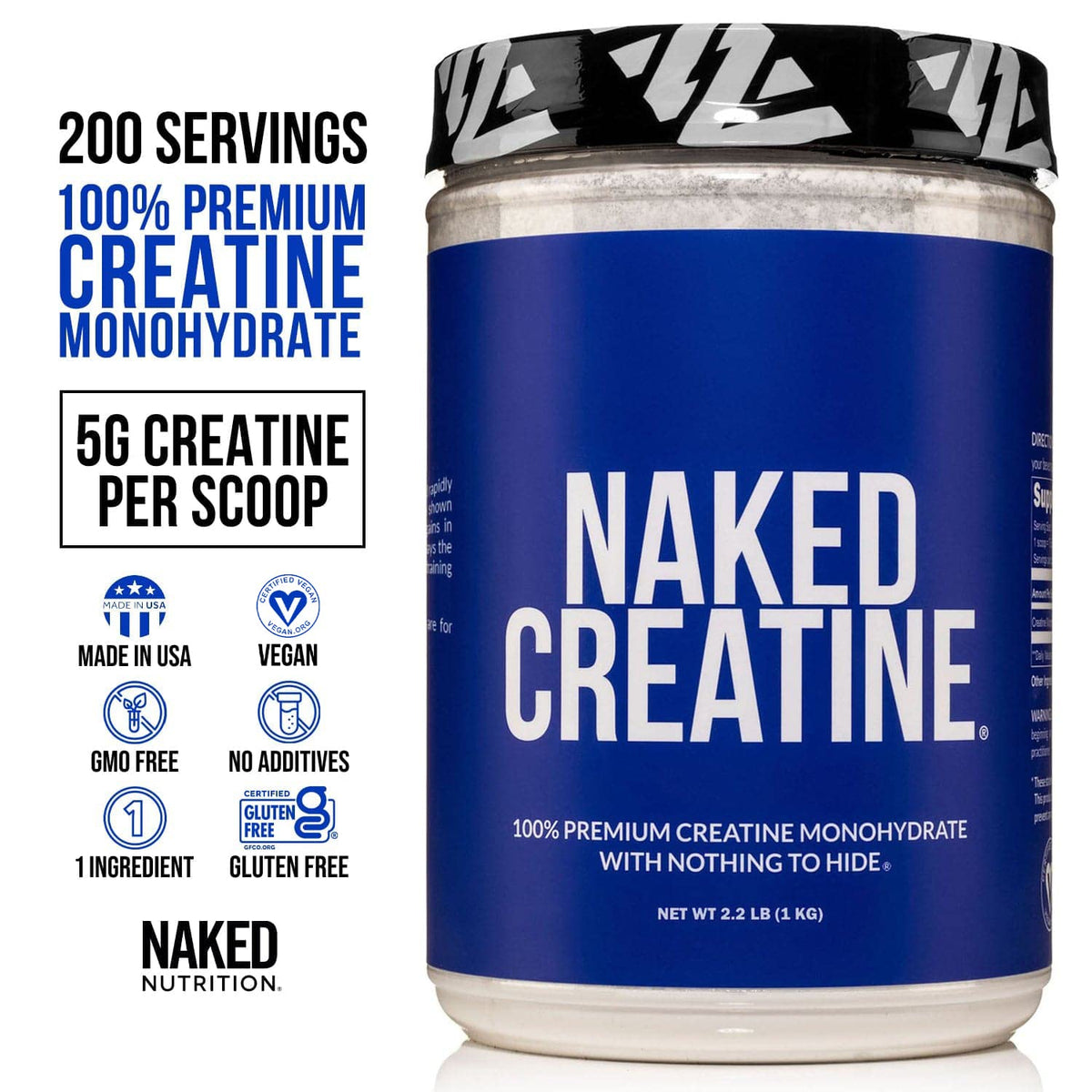 Pure Creatine Monohydrate - 200 Servings - 1,000 Grams, 2.2lb Bulk, Vegan, Non-GMO