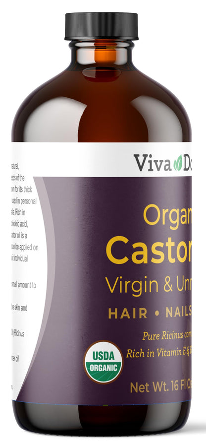 Viva Doria Organic Castor Oil, 16 Fl Oz - Virgin, Cold Pressed, Hexane-Free, Vegan - Nourishing Hair & Skin Care - Eyelash & Brow Serum - Glass Bottle with Dropper Top