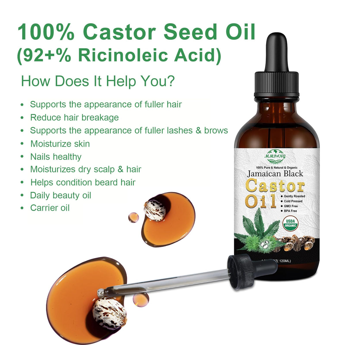 MMPANG Jamaican Black Castor Oil, Organic Cold Pressed Hair Oil Hexane Free