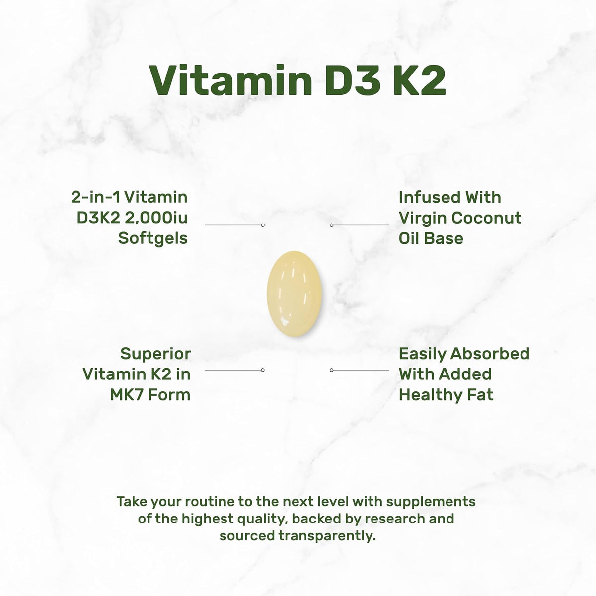 DEAL SUPPLEMENT Vitamin D3 2,000 IU + K2 MK7 50mcg Softgels - 2-in-1 Complex with Virgin Coconut Oil - Supports Heart, Bone, Teeth & Immune Health - Easy to Swallow