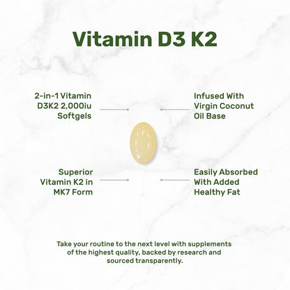 DEAL SUPPLEMENT Vitamin D3 2,000 IU + K2 MK7 50mcg Softgels - 2-in-1 Complex with Virgin Coconut Oil - Supports Heart, Bone, Teeth & Immune Health - Easy to Swallow