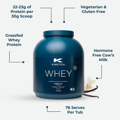 Kinetica Vanilla Whey Protein Powder - 2.27kg - 23g Protein per Serving - 76 Servings