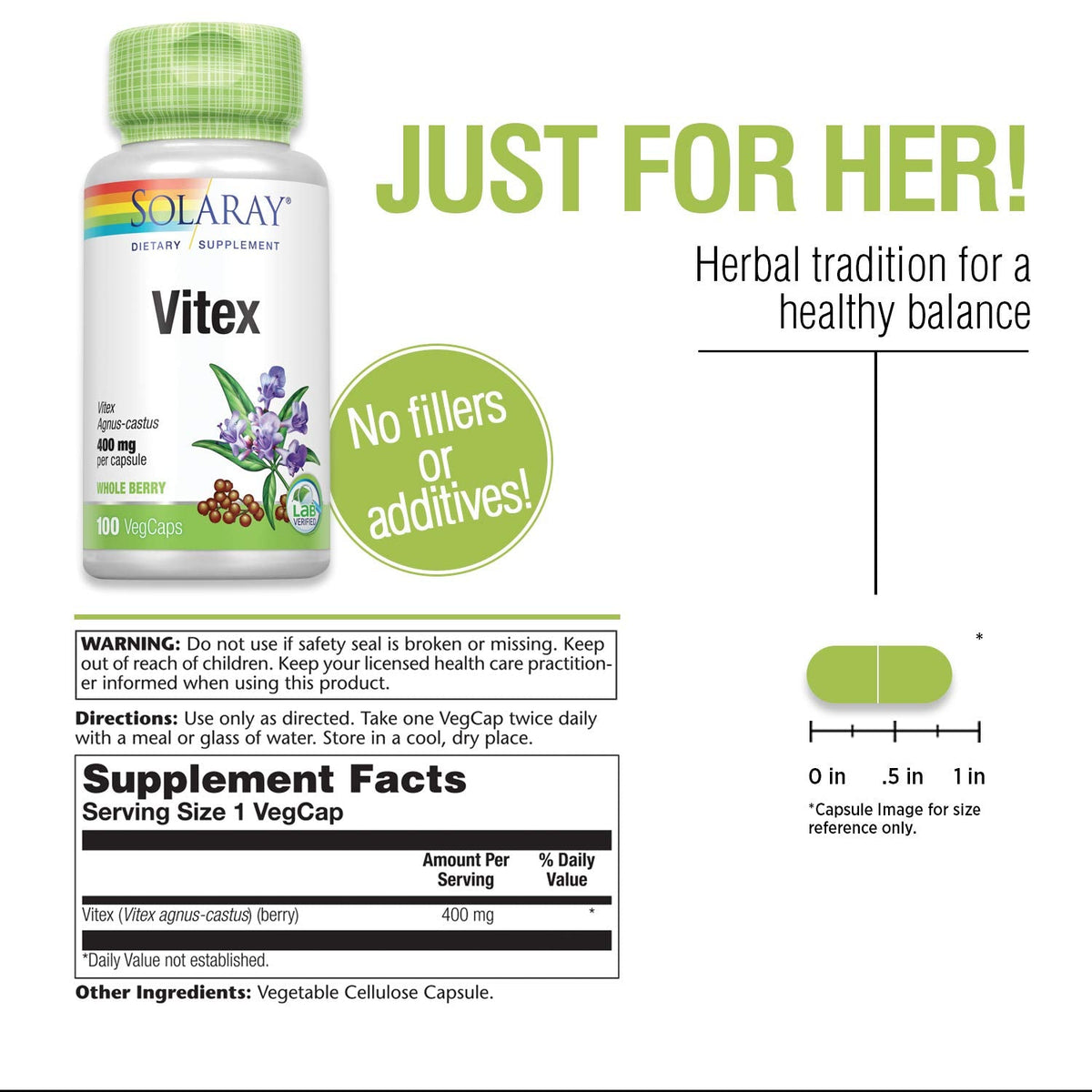 Solaray Vitex Berry 400mg - Womens Healthy Hormone Balance Formula - Menstruation & Menopause Support