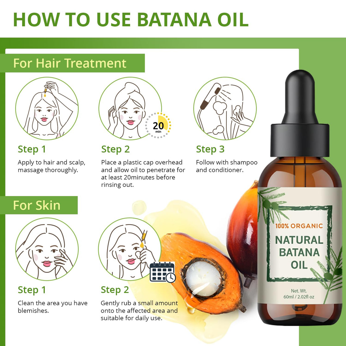 Batana Oil for Hair Growth - Dr Sebi Honduran Hair Oil for Thicker, Stronger Hair, Repairs Split Ends & Dry Scalp, Supports Hair Regrowth for Men & Women, Natural Hair Moisturizer (2.02 fl oz)