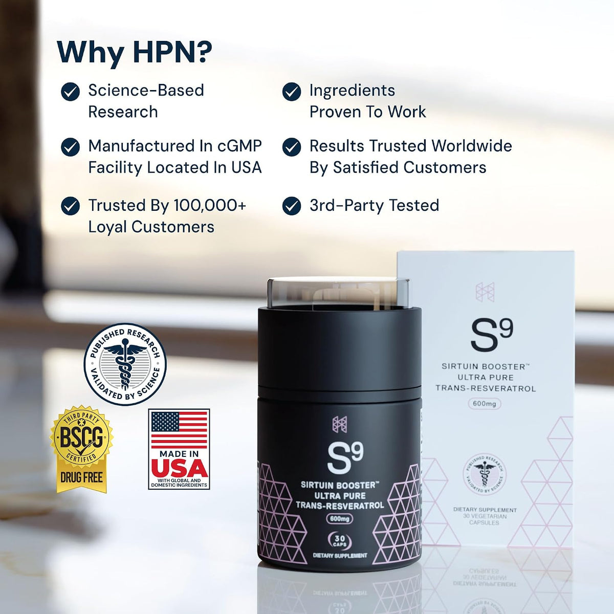 HPN S(9) Trans-Resveratrol for Antioxidant & Sirtuin Support, 30 Caps - Ultra-pure trans-resveratrol antioxidant formula supports sirtuin activity and healthy aging; 30 capsules.