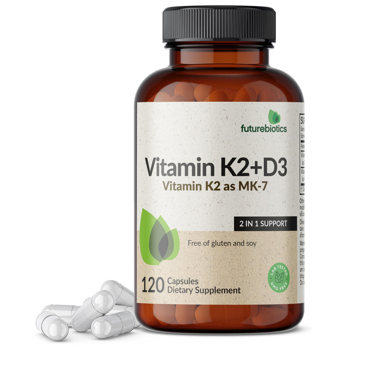Futurebiotics Vitamin K2 (MK7) with D3 Supplement - Non-GMO Formula - 5000 IU Vitamin D3 & 90 mcg Vitamin K2 MK-7, 120 Vegetarian Capsules
