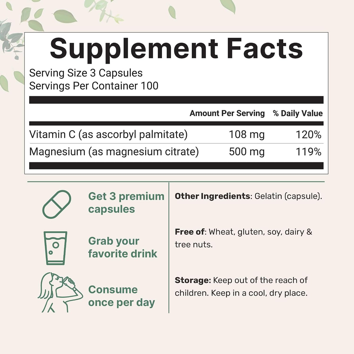 Pure Magnesium Citrate Supplements 500mg, 300 Capsules - Fat-Soluble Vitamin C Added - 100% Chelated - Only Active Ingredients