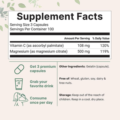 Pure Magnesium Citrate Supplements 500mg, 300 Capsules - Fat-Soluble Vitamin C Added - 100% Chelated - Only Active Ingredients
