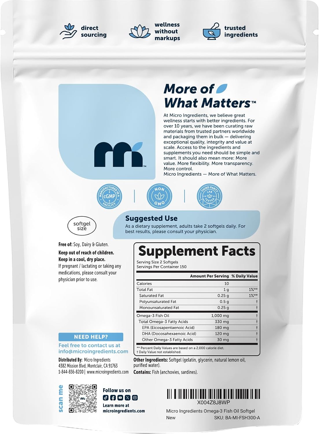 Micro Ingredients Extra Strength* Omega-3 Fish Oil Supplements 1,000mg Per Serving, 300 Softgels - Lemon Flavored - Burpless - EPA 180mg + DHA 120mg - Deep Sea Fish